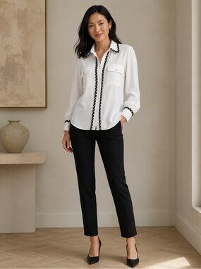 Karl Lagerfeld  Paris White Blouse-Black Braided Trim Gold Button Detail